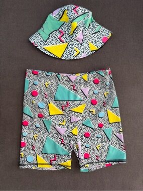 90’s geometric spandex shorts and bucket hat